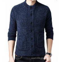 New design button up hand knitted pocket jackets without hood mens jacket chenille men